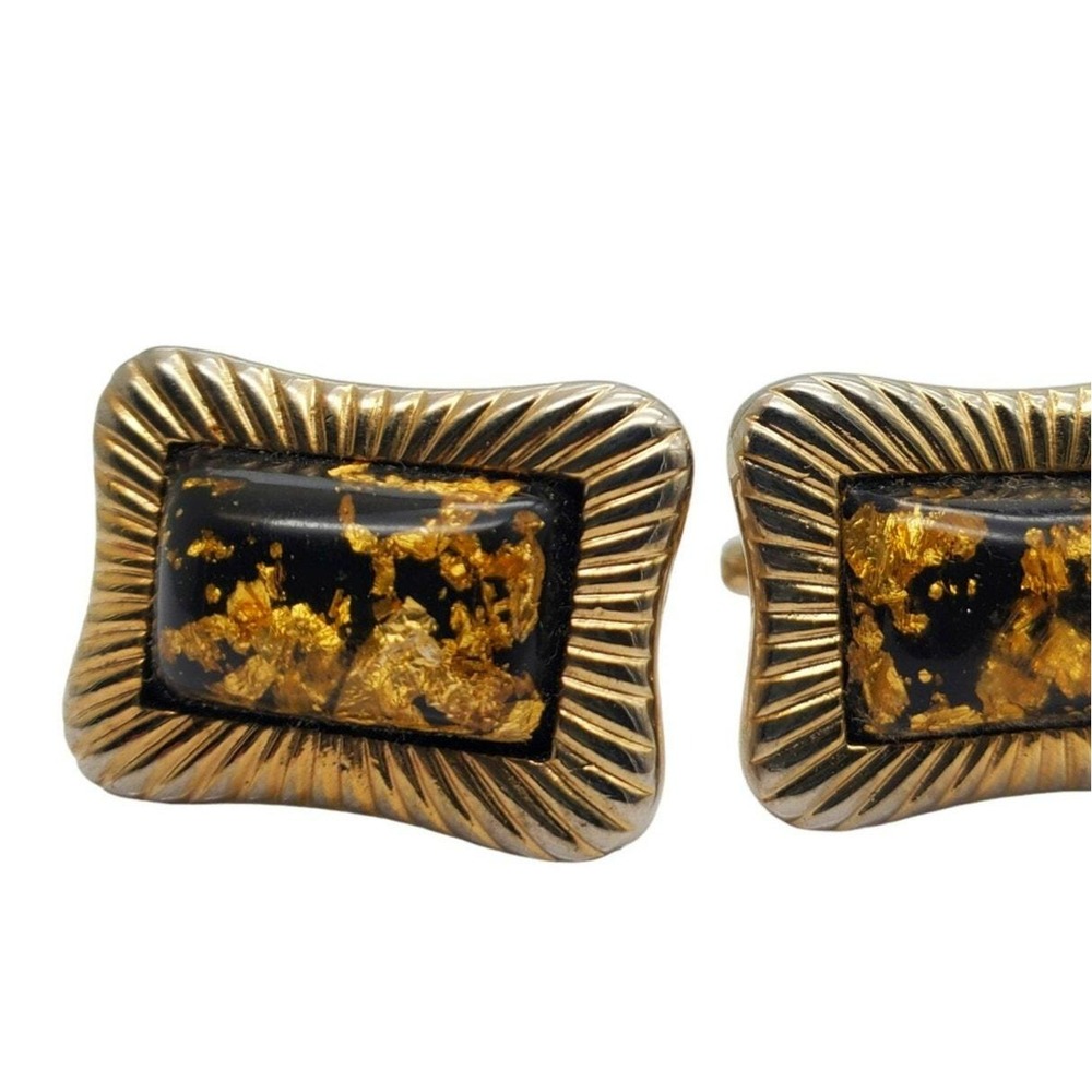 Hickok Cufflinks Monte Carlo Gold Flakes Black Vintage MCM 70s Modernist Ribbed